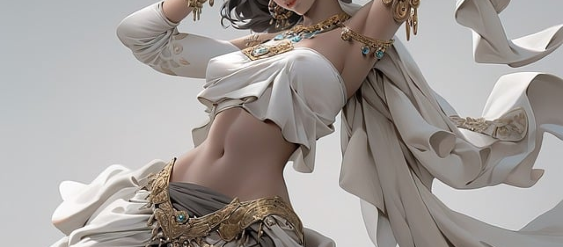 An image showcasing a skilled belly dancer mid-performance, commanding the stage with a fierce, confident stance