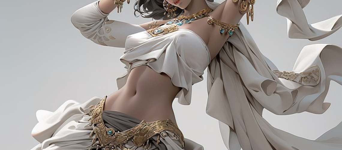 An image showcasing a vibrant, colorful belly dance wardrobe